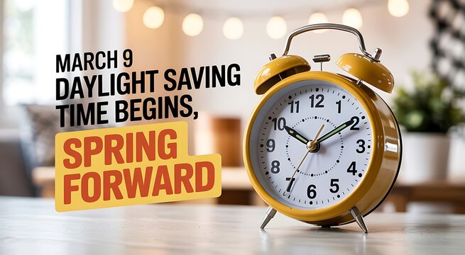 March ninth daylight saving time begins with spring forward notification on yellow alarm clock with blurred background