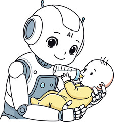Caring robot feeding happy baby with bottle in modern AI technology