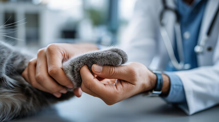 Fototapeta premium Medical health and lifestyle concept, faceless veterinarian's hand holding cat's ankle, defocused showing ankle pain or fracture, animal healthcare, veterinary examination, with