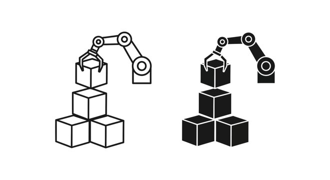 Robotic Arm Stacking Cubes Icon Representing Automation, Construction, and Logistics