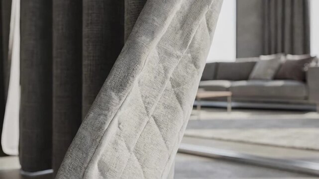Medium shot of multilayer acoustic curtains showcasing thick textile layers designed for effective sound insulation in modern interiors.