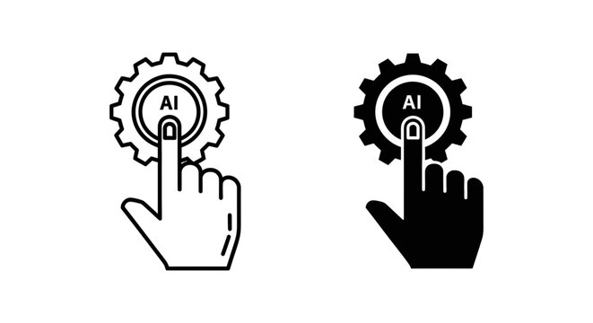 Hand pressing AI button on a gear, signifying activation of artificial intelligence, technology integration, or user interaction with AI systems