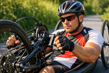 Naklejka premium Athlete on handcycle racing through sunny outdoor path wearing protective gear
