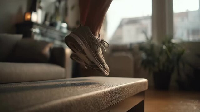 Medium shot capturing precise footwork as an individual reheats stepping motions on a low step bench with focus on lower limbs and blurred living space behind.