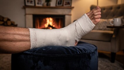 Obraz premium Cozy Home Recovery Scene with a Leg Cast Resting Comfortably by a Warm Fireplace Symbolizing Peaceful Healing Self-Care and Resilience During an Ankle Injury Rehabilitation Journey.