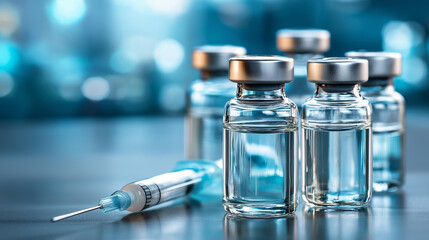 Obraz premium Medical glass bottles with vaccine ready for injection, defocused blue background, empty blank label for text space, vaccination concept, medicine research, healthcare protection,