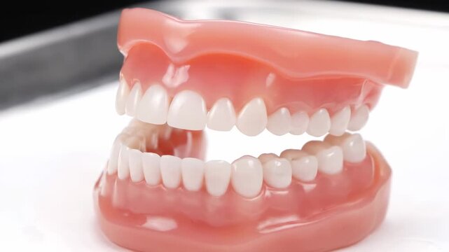 A close-up view of a dental model displaying a complete set of teeth