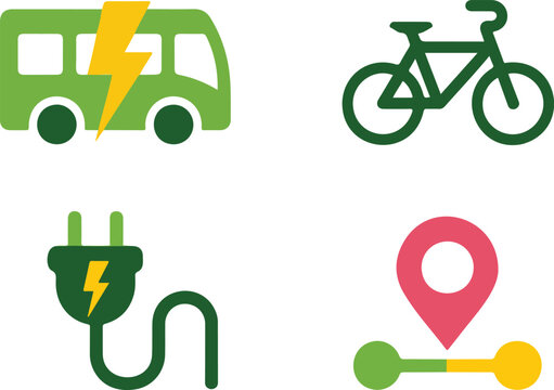 Electric Bus and Bicycle Icons Sustainable Transport Vector Set