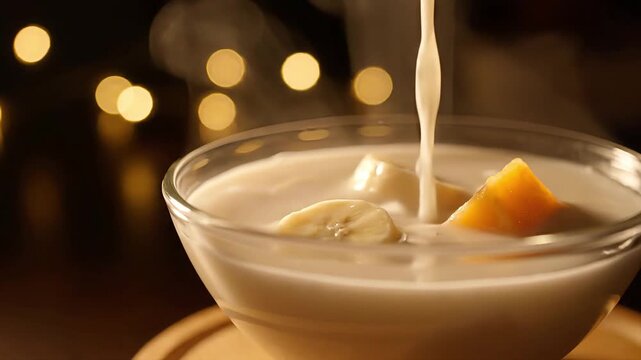 Kolak dessert being poured with steam and warm cinematic copy space
