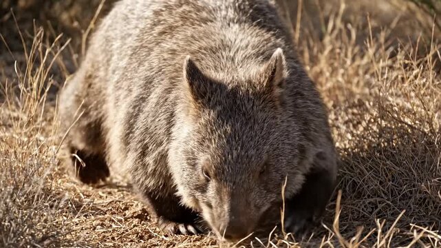 A close-up view of a furry, grey-brown wombat in natural dry grasslands