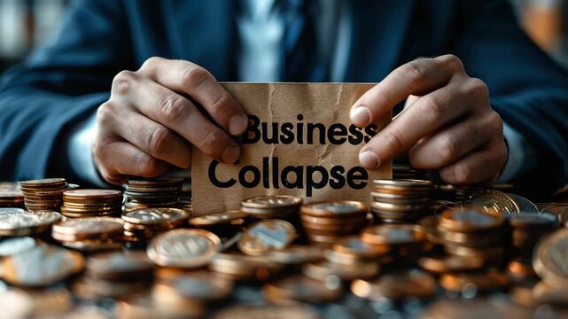 Businessman holding a card with the inscription business collapse