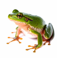 Obraz premium A green frog with a yellow eye sits on a white background