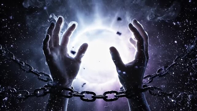 Chained Hands Reaching for Powerful Light, Symbolizing Freedom and Inner Strength