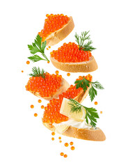 Red caviar salmon roe falling with parsley
