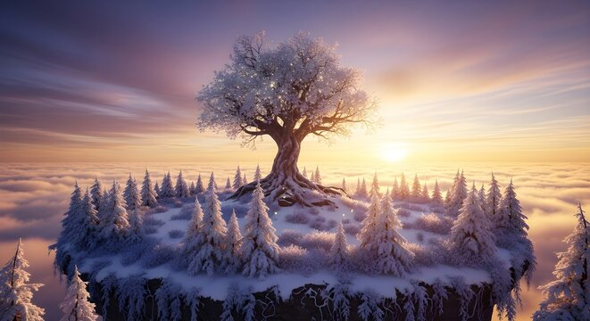 Celestial Winter Skyland: The Ancient World Tree Standing Amidst a Golden Snowy Sunset Horizon