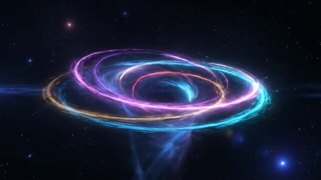 A cosmic vortex of swirling energy, vibrant in hues of blue and pink, against a backdrop of stars. A central dark region suggests the pull of gravity