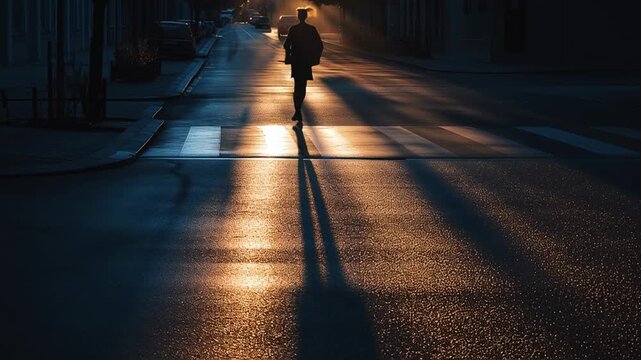 Lonely person crossing empty city street at night with long shadow on wet asphalt, cinematic urban scene with dramatic light and silence