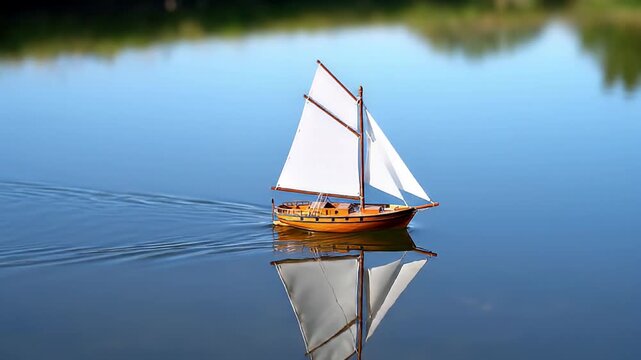 Beautiful Wooden Model Sailboat Gliding Serene Blue Water with Perfect Reflection