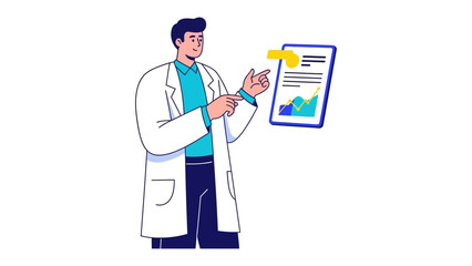 Doctor's Diagnosis: A doctor in a white lab coat stands confidently, presenting a detailed analysis on a tablet with an upward trending graph