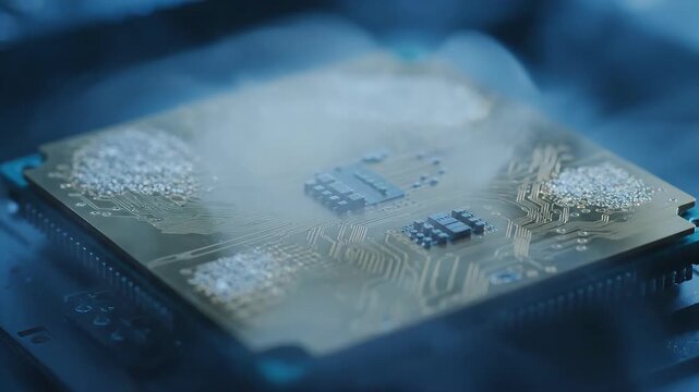 Macro close-up of gold computer processor chip in freezing smoke. High-performance computing, artificial intelligence, overheating hardware, or semiconductor cooling technology