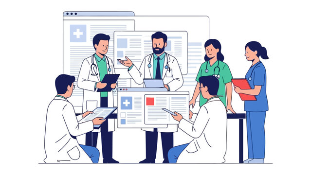 Healthcare Team Collaboration: A dedicated healthcare team, composed of doctors and nurses, is engrossed in a collaborative meeting.
