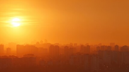 City Skyline Covered in Orange Smog During Intense Heatwave at Sunset