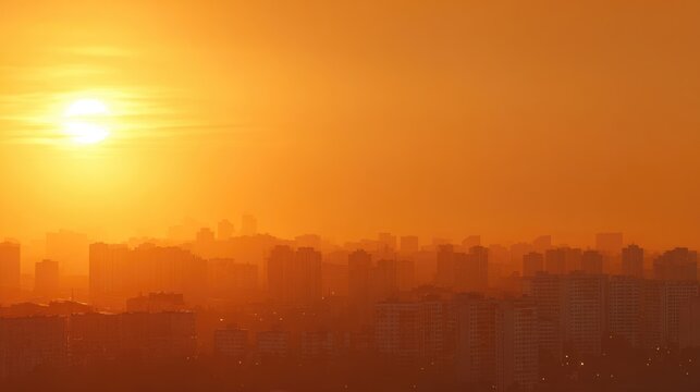 City Skyline Covered in Orange Smog During Intense Heatwave at Sunset