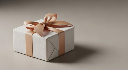 Obraz premium White gift box with beige ribbon and bow on a plain background