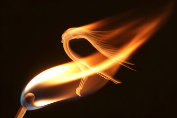 Closeup of a matchstick burning with a bright, dynamic flame against a dark background, capturing the motion and light of the fire
