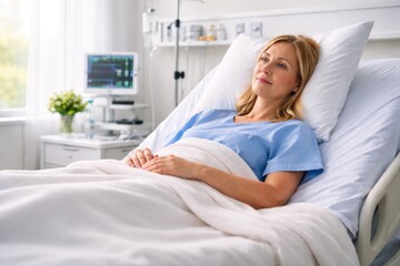 Smiling Female Patient Resting Comfortably in Hospital Bed