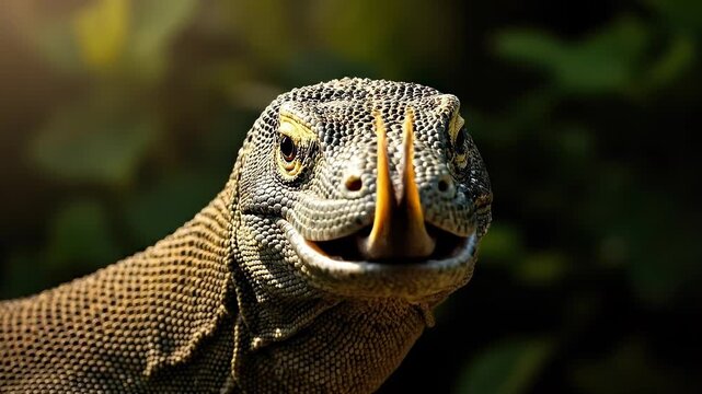 Majestic komodo monitor lizard turning in sunlit jungle closeup