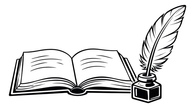 Hand drawn line art illustration of an open book with a quill and inkwell depicting classic writing tools for literature and education