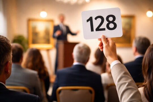 Woman Raising Bid Paddle Number 128 During Live Art Auction
