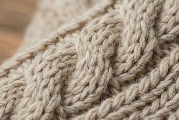 Fototapeta premium Close up of beige chunky knitted wool texture, cozy winter sweater background