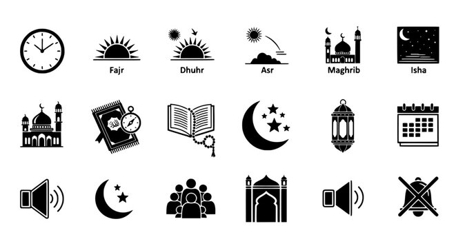 Islamic Prayer Times Icons Collection Fajr, Dhuhr, Asr, Maghrib, Isha & Ramadan Calendar