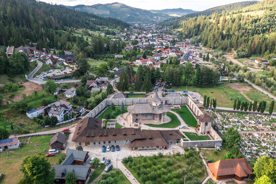Aerial view with Voronet Monastery in Romania, a famous landmark 