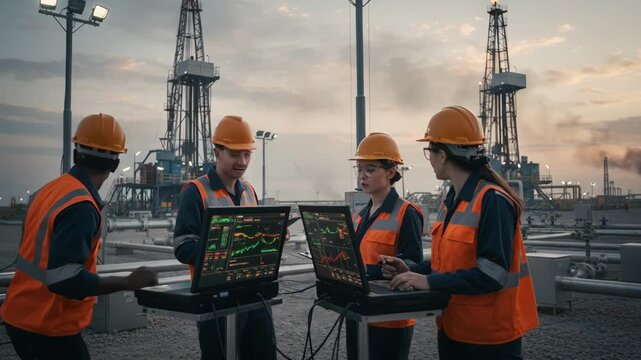 Technicians collaborating near portable control units monitoring realtime data from coal seam gas extraction processes in an industrial field setting.