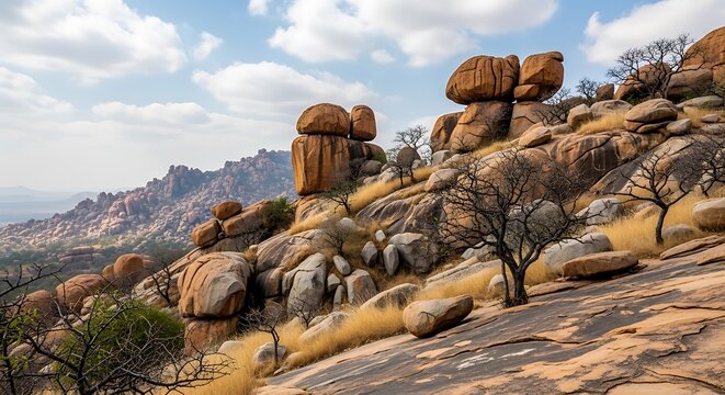 Dramatic landscape of granite kopjes and sparse trees on a rocky slope under a partly cloudy sky, showcasing natural beauty and wilderness.