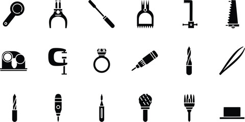 Obraz premium A set of black silhouette icons illustrating various specialized tools for jewelry making and repair