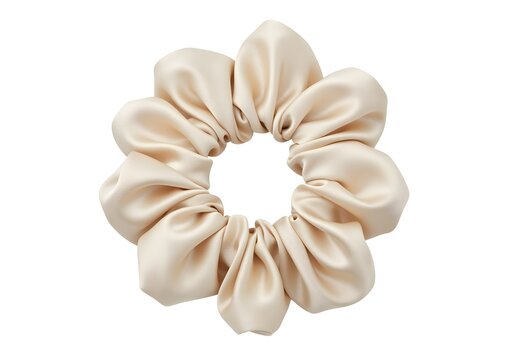 Elegant beige silk scrunchie hair accessory showcasing gathered fabric texture isolated on white