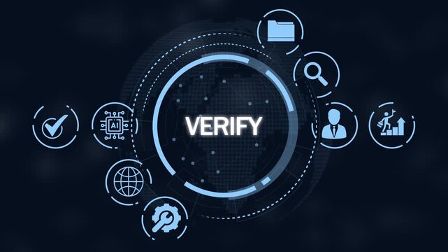 Digital technology concept of verification process with AI and global network surrounding the central word VERIFY on a dark blue background