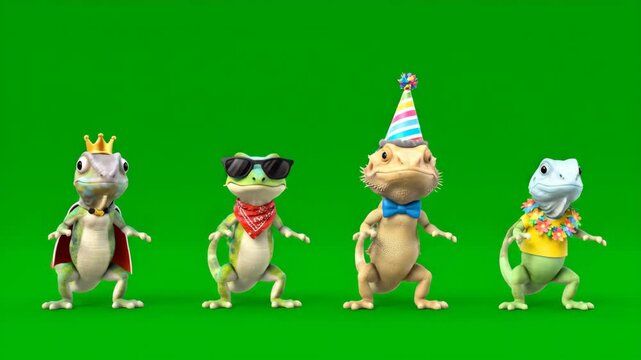 Whimsical 3D Cartoon Reptiles Dancing in Festive Outfits
