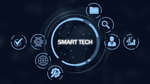 Smart Tech concept with interconnected representing data management artificial intelligence global connectivity and business growth on a dark blue network