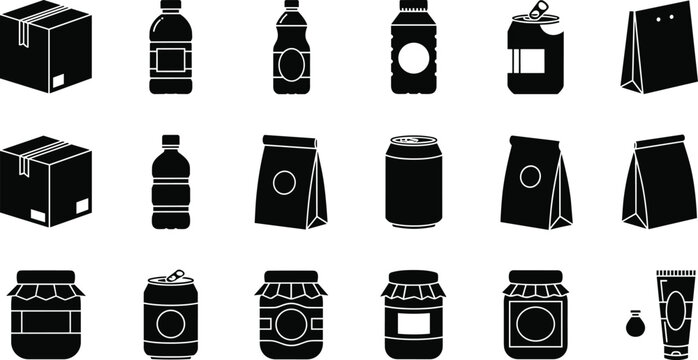 "Black silhouette packaging icon collection featuring cardboard boxes, bottles, jars, cans, paper bags, vials, and tubes for food, beverage, and consumer goods branding projects"