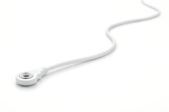 Photorealistic 3D macro product-shot of a single unbranded ECG lead cable arranged in a smooth S-curve on a pure white surface, clean insulated jacket with subtle satin sheen, crisp connector geometry