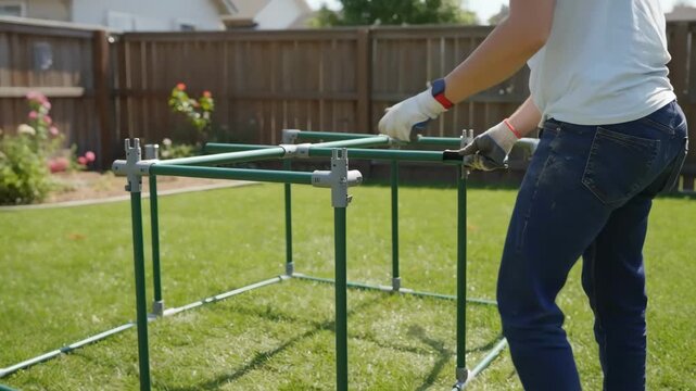 Medium shot showcasing snap fittings on a modular coop frame emphasizing secure connections and effortless setup in a backyard setting.