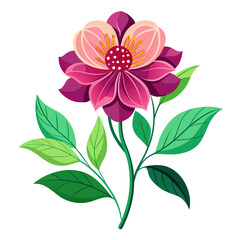 Elegant Pink Flower Plant with Green Leaves Flat Vector Illustration