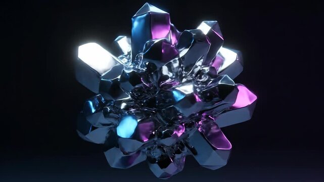 Abstract metallic shape with chrome surface morphing: sphere to cube to crystal. Modern, futuristic visual