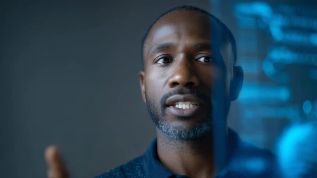 African american businessman interacts with a futuristic holographic interface, manipulating data with hand gestures in a technological demonstration