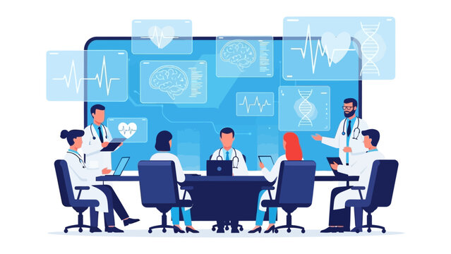 Medical Conference: Group of doctors in white coats holding medical files and documents at a conference meeting. Brain scans and heart rate monitors in the screen. 